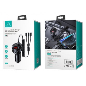 USAMS φορτιστής αυτοκινήτου C22 με καλώδιο 3 σε 1 & οθόνη, 3.4A, μαύρος