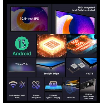 TECLAST tablet T45HD, 10.5" FHD, 8/128GB, Android 13, 4G, γκρι