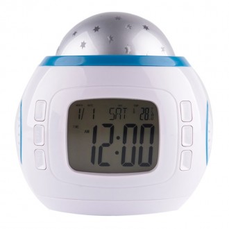 Επιτραπέζιο ρολόι AK234, με προβολέα και μουσική, λευκό-μπλε