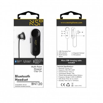 NSP BLUETOOTH BN120 MAGNET CLIP ON HEADSET V5.3 (2 ΣΥΣΚΕΥΩΝ) ΜΑΥΡΟ