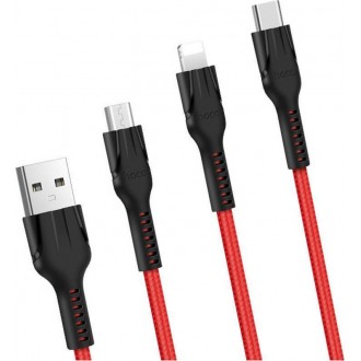 Καλώδιο σύνδεσης Hoco U31 Benay Braided με Νάυλον Κορδόνι 3 σε 1 USB σε Micro-USB, Lightning, USB-C Κόκκινο 1,2m