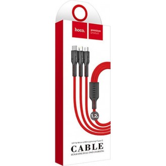 Καλώδιο σύνδεσης Hoco U31 Benay Braided με Νάυλον Κορδόνι 3 σε 1 USB σε Micro-USB, Lightning, USB-C Κόκκινο 1,2m