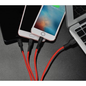 Καλώδιο σύνδεσης Hoco U31 Benay Braided με Νάυλον Κορδόνι 3 σε 1 USB σε Micro-USB, Lightning, USB-C Κόκκινο 1,2m