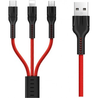 Καλώδιο σύνδεσης Hoco U31 Benay Braided με Νάυλον Κορδόνι 3 σε 1 USB σε Micro-USB, Lightning, USB-C Κόκκινο 1,2m
