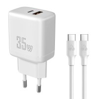 POWERTECH φορτιστής τοίχου PT-1179, καλώδιο, USB/USB-C, 35W, GaN, λευκός