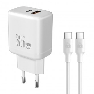 POWERTECH φορτιστής τοίχου PT-1179, καλώδιο, USB/USB-C, 35W, GaN, λευκός