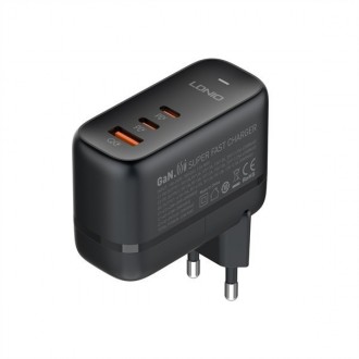 LDNIO φορτιστής τοίχου Q366 με καλώδιο, USB/2x USB-C, 65W, GaN, μαύρος