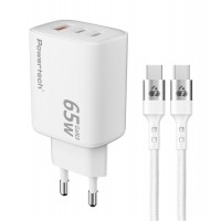 POWERTECH φορτιστής τοίχου PT-1415 με καλώδιο, USB/2x USB-C, 65W, GaN, λευκός