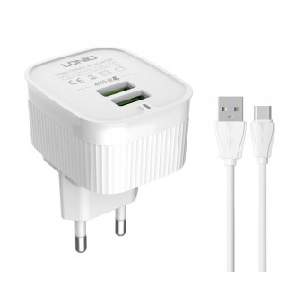 LDNIO φορτιστής τοίχου A201 με καλώδιο USB-C, 2x USB, 12W, λευκός LDNIO φορτιστής τοίχου A201 με καλώδιο USB-C, 2x USB, 12W, λευκός