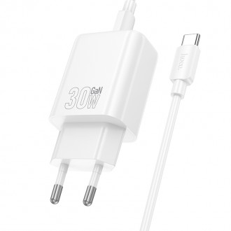 Hoco Φορτιστής με Θύρα USB-A και Θύρα USB-C και Καλώδιο USB-C - USB-C 30W Power Delivery / Quick Charge 3.0 Λευκός (N63)