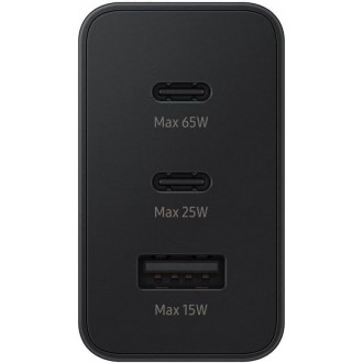 Samsung Φορτιστής Χωρίς Καλώδιο με Θύρα USB-A και 2 Θύρες USB-C 65W Power Delivery Μαύρος (Trio Bulk)