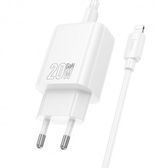 Hoco Φορτιστής με Θύρα USB-A και Θύρα USB-C και Καλώδιο USB-C - Lightning 20W Power Delivery / Quick Charge 3.0 Λευκός (N61)
