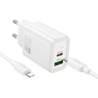 Hoco Φορτιστής με Θύρα USB-A και Θύρα USB-C και Καλώδιο USB-C - Lightning 20W Power Delivery / Quick Charge 3.0 Λευκός (N61)