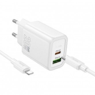 Hoco Φορτιστής με Θύρα USB-A και Θύρα USB-C και Καλώδιο USB-C - Lightning 20W Power Delivery / Quick Charge 3.0 Λευκός (N61)