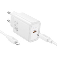 Hoco Φορτιστής με Θύρα USB-C και Καλώδιο USB-C - Lightning 30W Power Delivery / Quick Charge 3.0 Λευκός