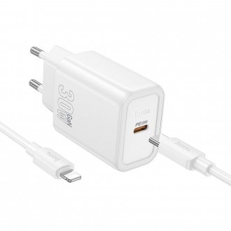 Hoco Φορτιστής με Θύρα USB-C και Καλώδιο USB-C - Lightning 30W Power Delivery / Quick Charge 3.0 Λευκός