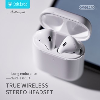 CELEBRAT earphones με θήκη φόρτισης C200 Pro, True Wireless, 13mm, 30/300mAh, λευκά