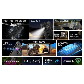 ULEFONE smartphone RugKing 3 Pro, 6.56", 8/128GB, 5700mAh, IP68/IP69K, μαύρο