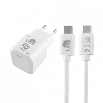 LIME TYPE C GAN PD 3.0 SUPER FAST TRAVEL LTC54W 54W 5V-9V 4.0A/12V 3.5A/20V 2.7A+ΦΟΡΤΙΣΗΣ-DATA LCC04 TYPE C TO TYPE C 78W WHITE