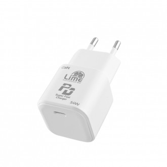 LIME TYPE C GAN PD 3.0 SUPER FAST TRAVEL LTC54W 54W 5V-9V 4.0A/12V 3.5A/20V 2.7A+ΦΟΡΤΙΣΗΣ-DATA LCC04 TYPE C TO TYPE C 78W WHITE