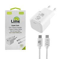 LIME TYPE C GAN PD 3.0 SUPER FAST TRAVEL LTC54W 54W 5V-9V 4.0A/12V 3.5A/20V 2.7A+ΦΟΡΤΙΣΗΣ-DATA LCC04 TYPE C TO TYPE C 78W WHITE