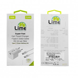 LIME TYPE C GAN PD 3.0 SUPER FAST TRAVEL LTC54W 54W 5V-9V 4.0A/12V 3.5A/20V 2.7A+ΦΟΡΤΙΣΗΣ-DATA LCC04 TYPE C TO TYPE C 78W WHITE