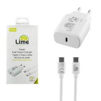 LIME TYPE C PD 3.0 SUPER FAST TRAVEL LTC30W 30W 4.0A + ΦΟΡΤΙΣΗΣ-DATA LCC03 TYPE C TO TYPE C 40W ΛΕΥΚΟΣ