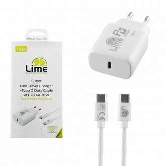 LIME TYPE C PD 3.0 SUPER FAST TRAVEL LTC30W 30W 4.0A + ΦΟΡΤΙΣΗΣ-DATA LCC03 TYPE C TO TYPE C 40W ΛΕΥΚΟΣ