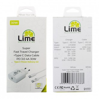 LIME TYPE C PD 3.0 SUPER FAST TRAVEL LTC30W 30W 4.0A + ΦΟΡΤΙΣΗΣ-DATA LCC03 TYPE C TO TYPE C 40W ΛΕΥΚΟΣ