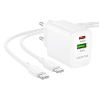 Φορτιστής Ταξιδίου Borofone BN29 Fuente GaN με 1xUSB-C PD30W και 1xUSB-A QC3.0A + Καλώδιο Φόρτισης USB-C σε USB-C Λευκός