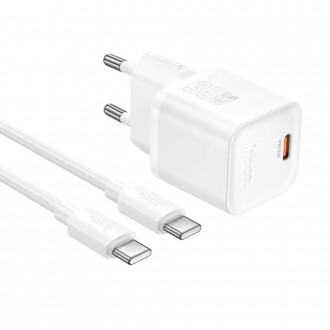 Φορτιστής Ταξιδίου Hoco N66 Ingenious GaN με 1 Εξόδο Φόρτισης USB-C PD35W 5V 3.0A + Καλώδιο Φόρτισης USB-C σε USB-C 1m Λευκός